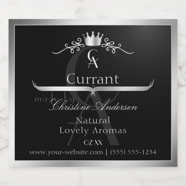 Stylish Black Product Label Silver Frame Monogram (Single Label)