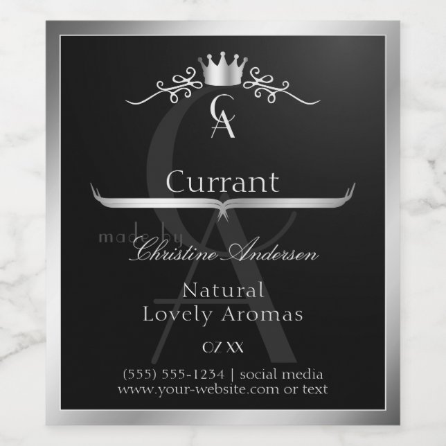 Stylish Black Product Label Silver Frame Monogram (Single Label)