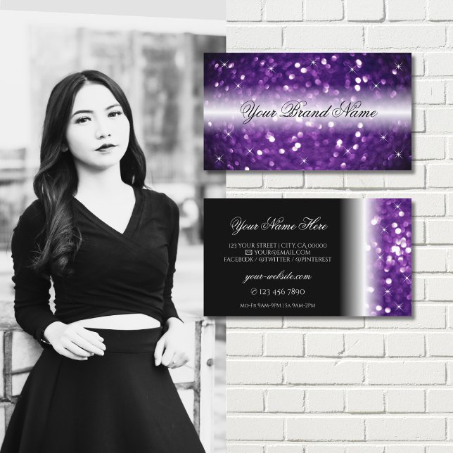 Stylish Black Purple Sparkling Glitter Glamourous Business Card (Creator Uploaded)