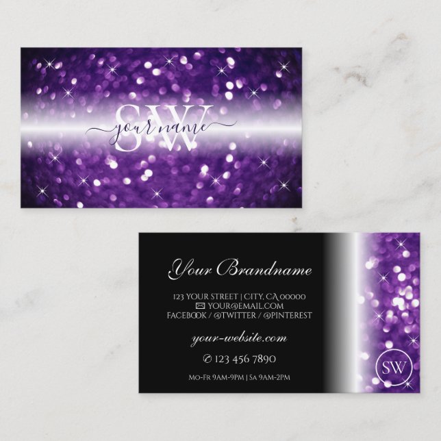 Stylish Black Purple Sparkling Glitter Monogram Business Card (Front/Back)