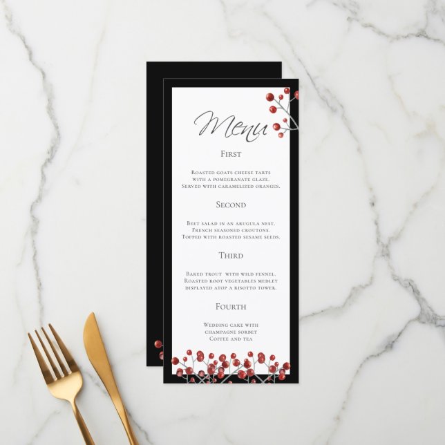 Stylish Black Red Berry 4 Course  Wedding Menu (Front/Back In Situ)