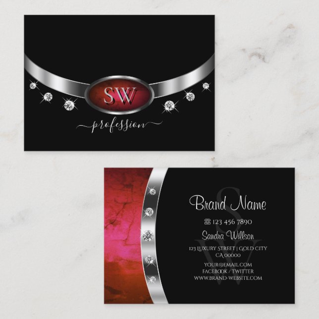 Stylish Black Red Marble and Silver with Monogram Business Card (Front/Back)