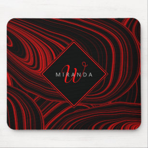 Stylish Black Red Monogrammed Abstract Pattern Mouse Pad