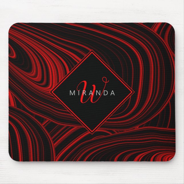 Stylish Black Red Monogrammed Abstract Pattern Mouse Pad (Front)