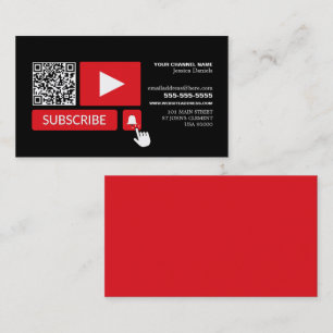 Stylish Black & Red - QR Code, Youtube - Vlogger Business Card
