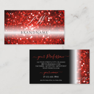 Stylish Black Red Sparkle Glitter Monogram Modern Business Card