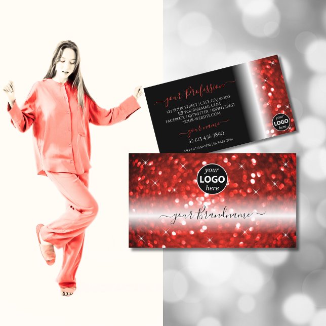 Stylish Black Red Sparkle Glitter with Logo Modern Business Card (Creator Uploaded)
