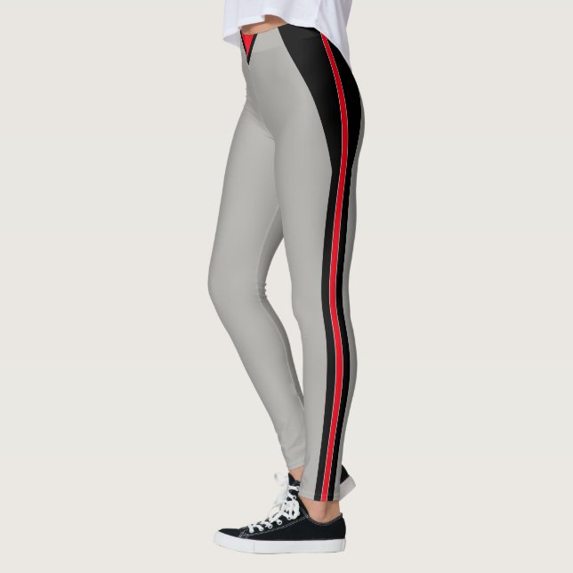 Stylish Black & Red Striped on Light Silver Grey Leggings (Left)