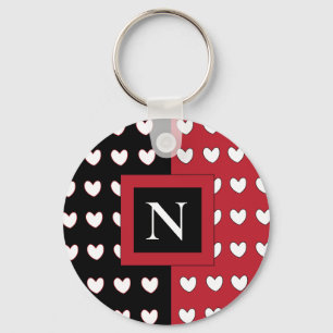 Stylish Black Red White Hearts Monogram Key Ring