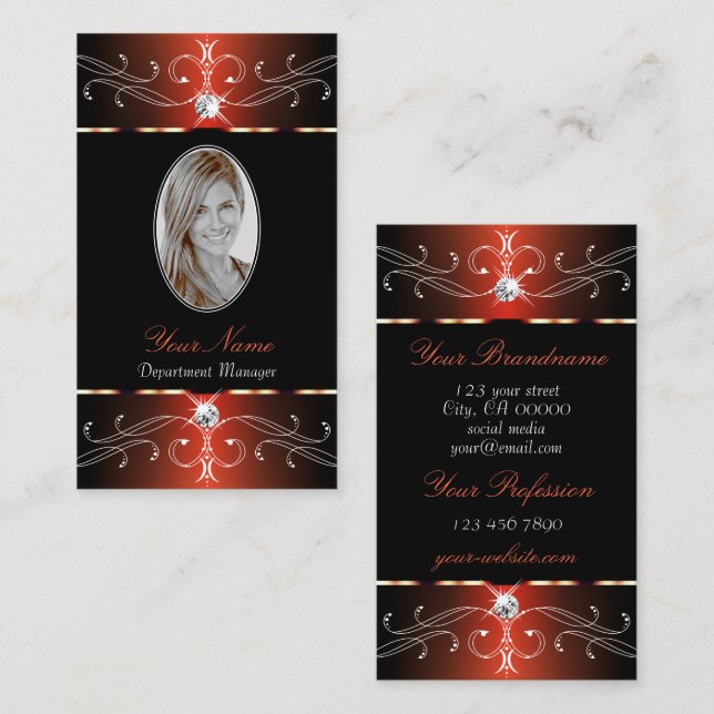 Stylish Black Reddish Ornate Ornaments with Photo Business Card (Front/Back)