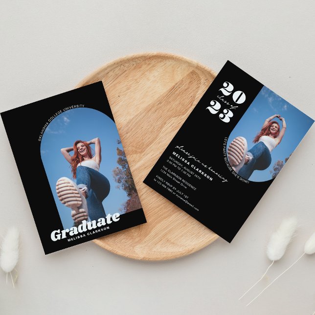 Stylish Black Retro Photo Arch Graduation Party Invitation (Creator Uploaded)