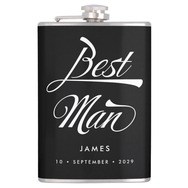 Stylish Black Retro Typography Best Man Groomsmen Hip Flask (Front)