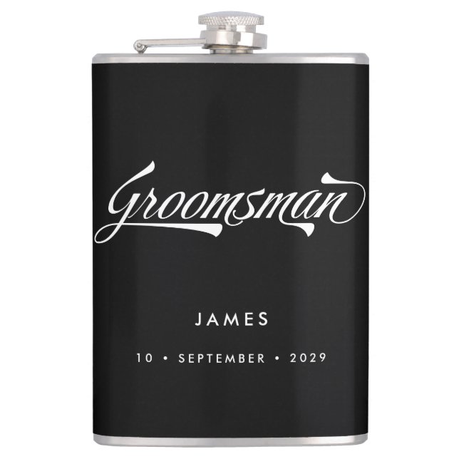 Stylish Black Retro Typography Groomsmen Wedding Hip Flask (Front)
