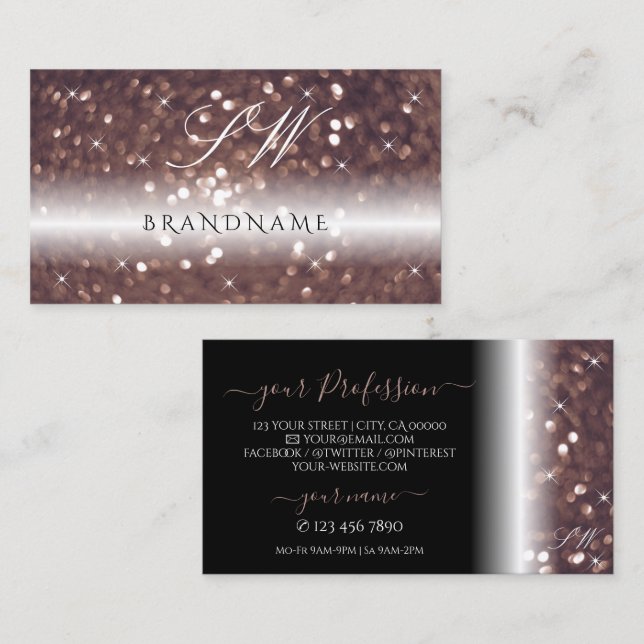Stylish Black Rose Gold Sparkling Glitter Monogram Business Card (Front/Back)