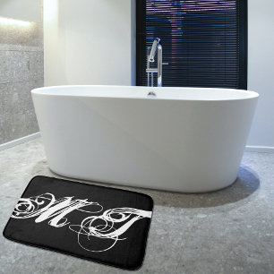 Stylish Black Script Calligraphy Monogram Initials Bath Mat