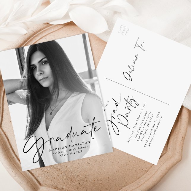 Stylish Black Script Photo Graduation Party Invitation Postcard (Creator Uploaded)