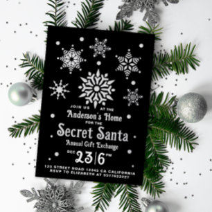 Stylish Black Secret Santa Snowflakes Invitation