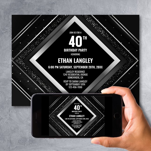 Stylish Black Silver 40th Birthday Party Invitation (Creator Uploaded)