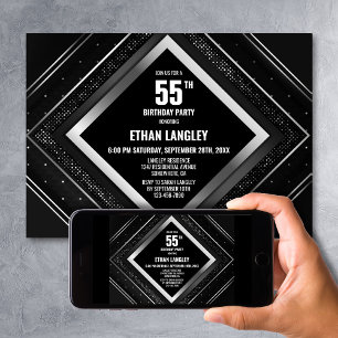 Stylish Black Silver 55th Birthday Party Invitation