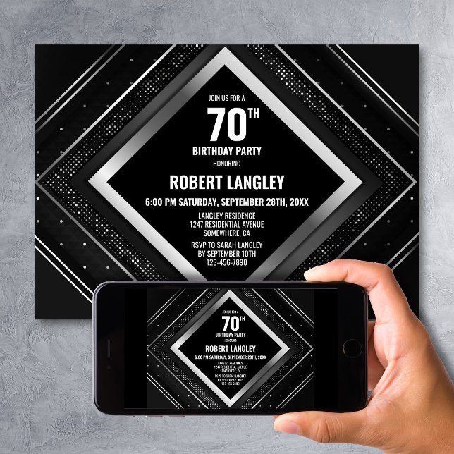Stylish Black Silver 70th Birthday Party Invitation (Creator Uploaded)