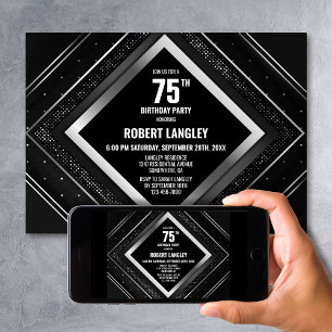 Stylish Black Silver 75th Birthday Party Invitation