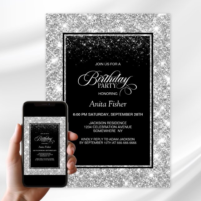 Stylish Black Silver Any Age Birthday Party Invitation (Creator Uploaded)