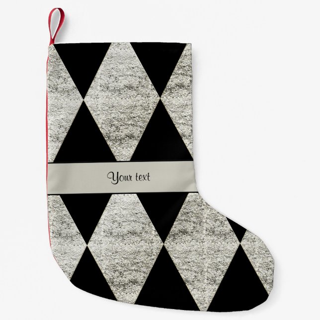Stylish Black & Silver Glitter Diamonds Small Christmas Stocking (Front)