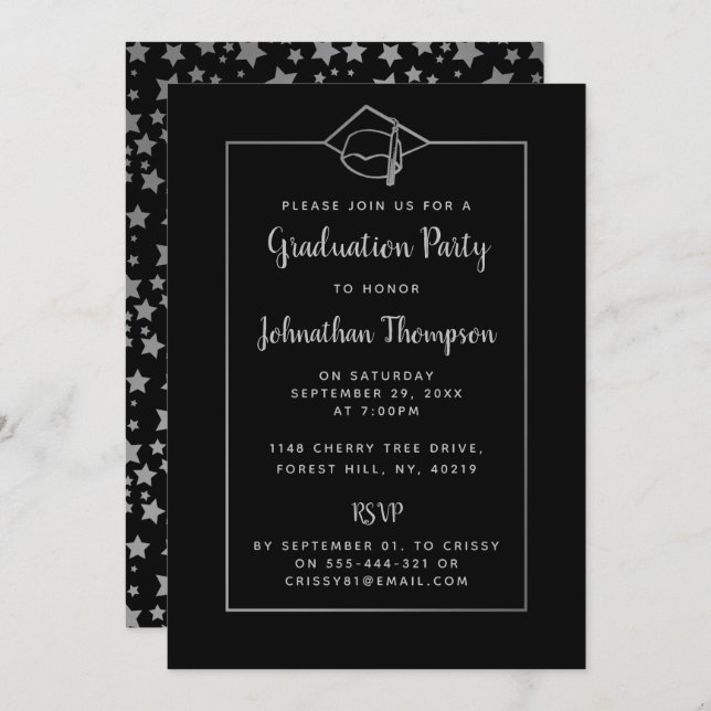 Stylish Black & Silver Graduation Party Invitation (Front/Back)