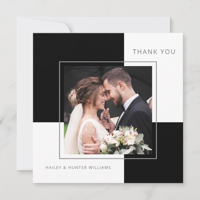 Stylish Black Square Wedding Thank You with Photo (Front)