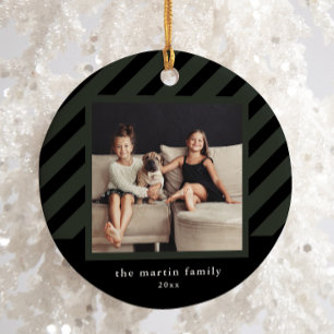 Stylish Black Stripe Simple Photo Christmas Ceramic Ornament