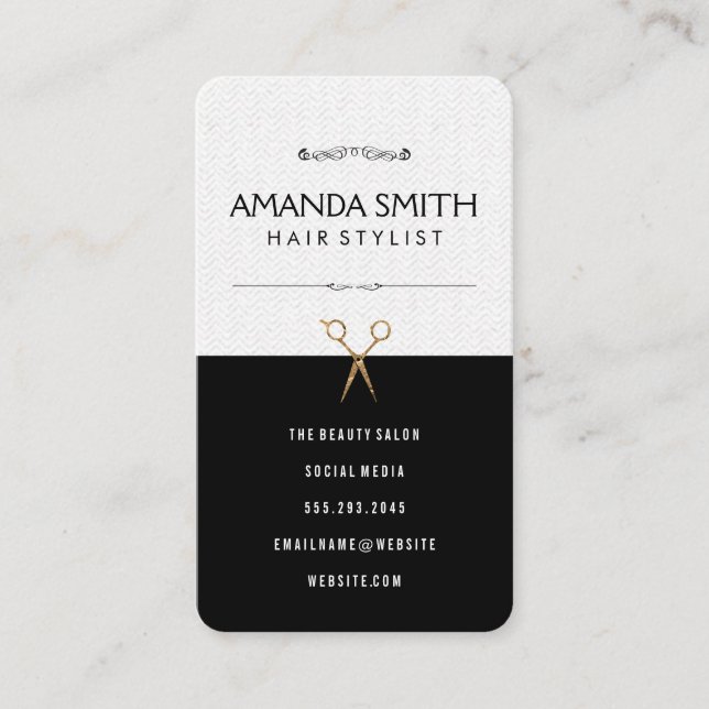 Stylish Black Subtle Wavy Gold Salon Scissors Business Card (Front)