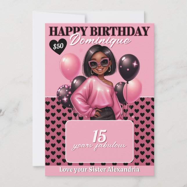 Stylish Black Teen Girl Birthday Gift Card Holder (Front)