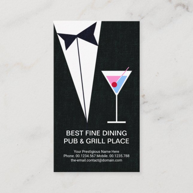 Stylish Black Tuxedo Martini Restaurant Pub Business Card (Front)