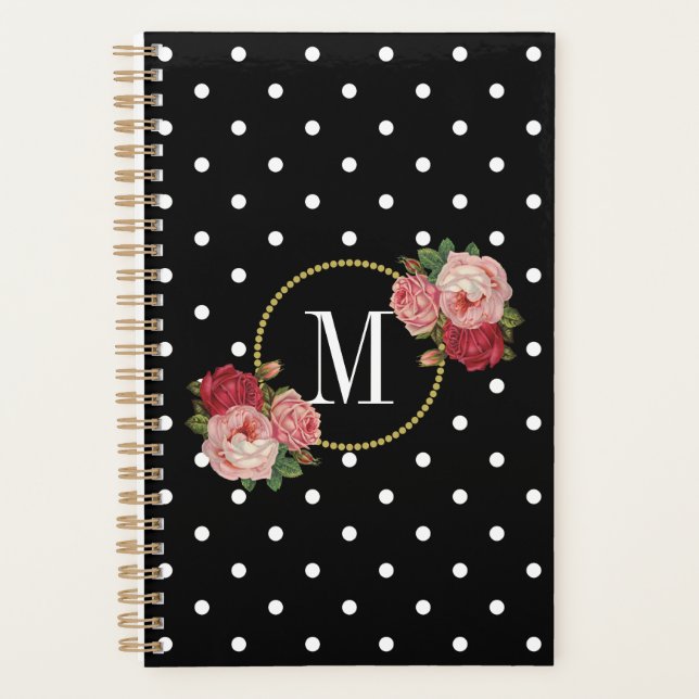 Stylish Black Vintage Blush Flowers Dots Monogram Planner (Front)