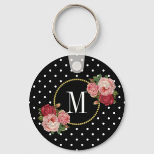 Stylish Black Vintage Floral Polka Dots Monogram Key Ring