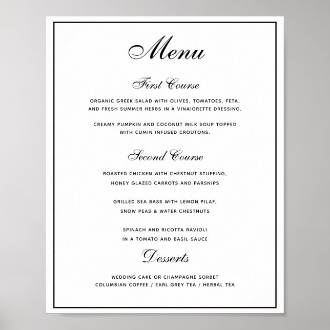 Stylish Black White 3 course Wedding Menu Poster (Front)