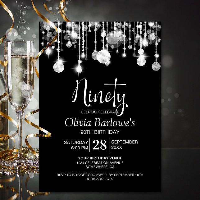 Stylish Black White 90th Birthday Party Invitation (Creator Uploaded)