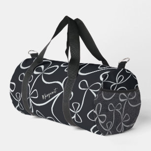 Stylish Black White Bow Pattern Custom Name Duffle Bag