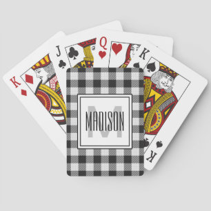 Stylish Black White Buffalo Plaid Pattern Monogram Playing Cards