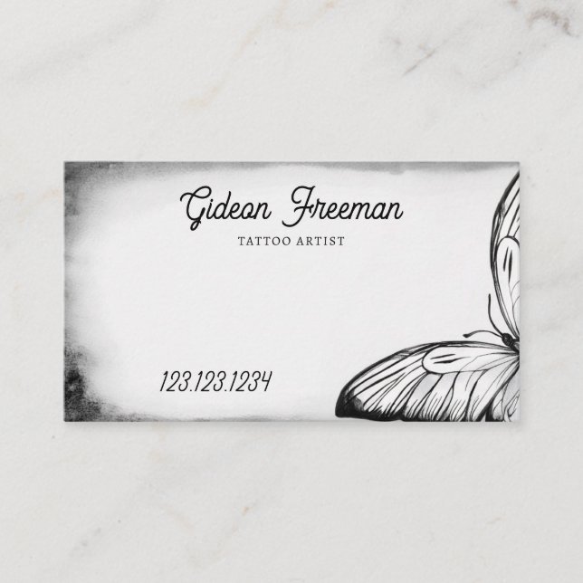Stylish Black & White Butterfly Tattoo Artist Business Card (Front)