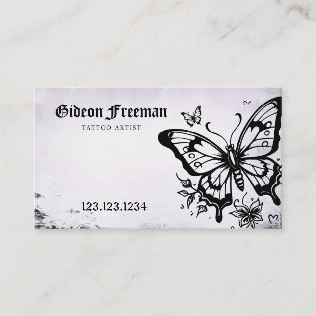 Stylish Black & White Butterfly Tattoo Shop Business Card (Front)
