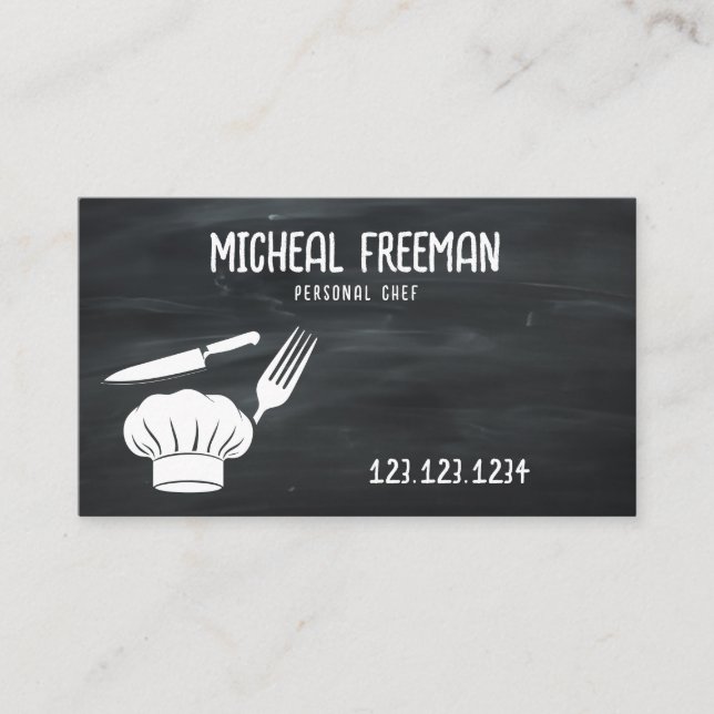 Stylish Black & White Chalk Board Personal Chef Business Card (Front)