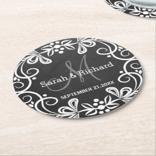 Stylish Black White Chalkboard Wedding Monogram Round Paper Coaster