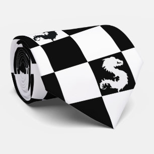 Stylish Black & White Checks Pattern & Dragon Neck Tie