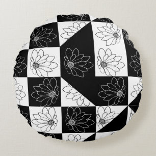 Stylish Black & White Chequered Floral Aesthetic Round Cushion