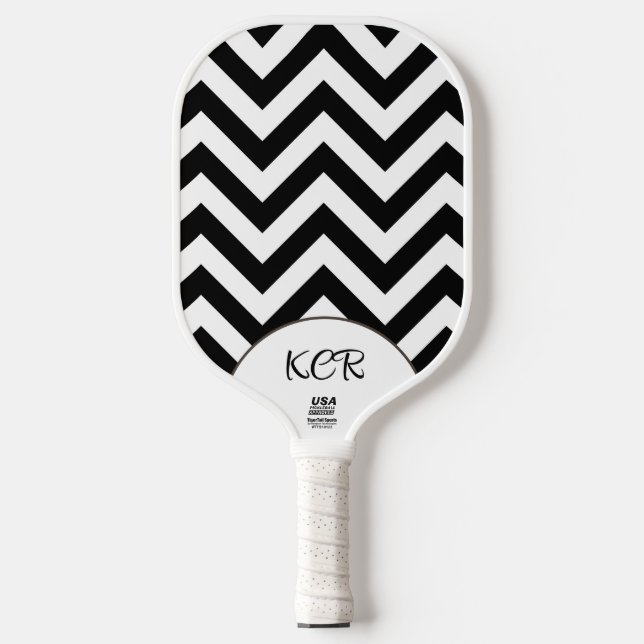 Stylish Black White Chevron Pattern Initials Pickleball Paddle (Front)