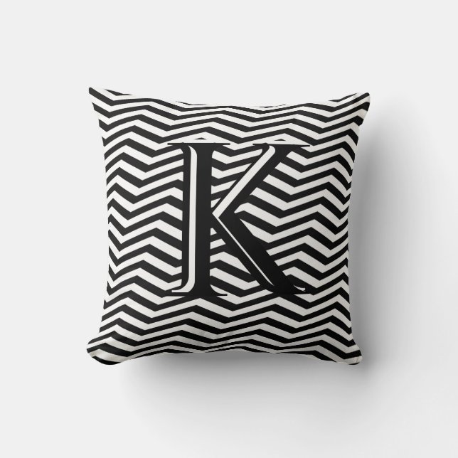 Stylish Black White Chevron Stripe Monogram Custom Cushion (Front)