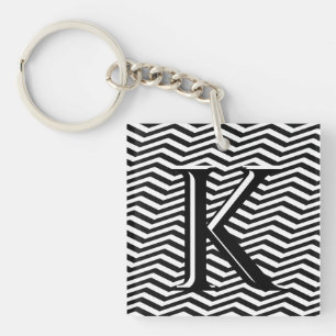 Stylish Black White Chevron Stripe Monogram Custom Key Ring