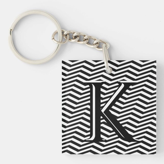Stylish Black White Chevron Stripe Monogram Custom Key Ring (Front)