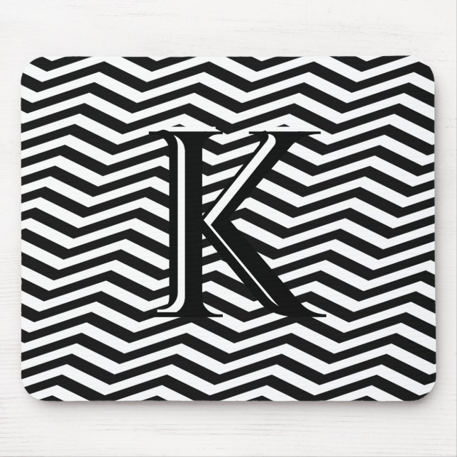 Stylish Black White Chevron Stripe Monogram Custom Mouse Pad (Front)